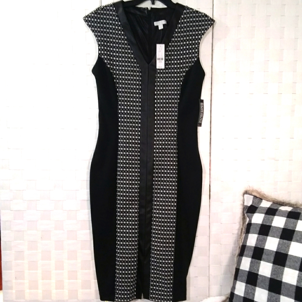 New York & Company Stretch  black and white panel dress with faux leather accent